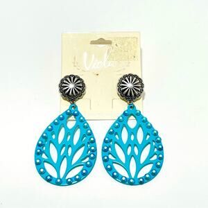Viola Teardrop Stud Back Earring Large Blue Turquoise and Rhinestone Boho Metal